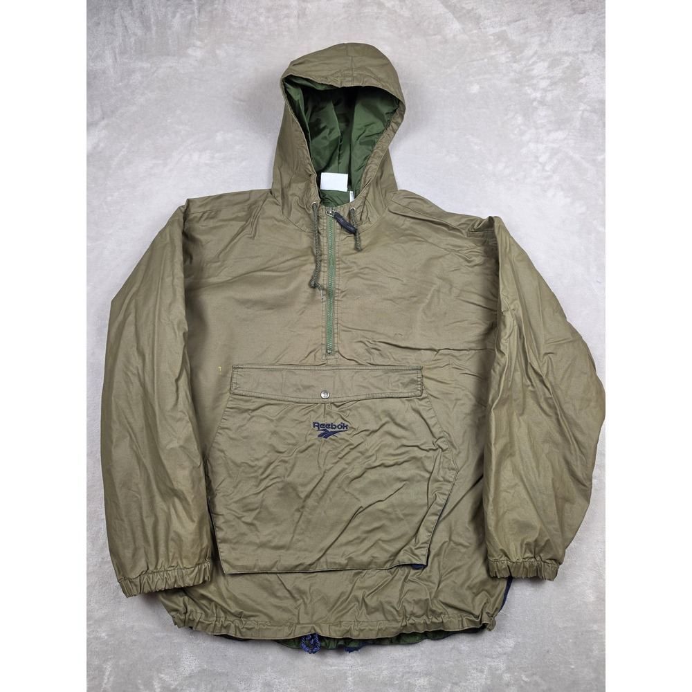 Vintage Reebok Anorak Rain Jacket Mens M Oversized Olive Green Hooded Cotton Y2K